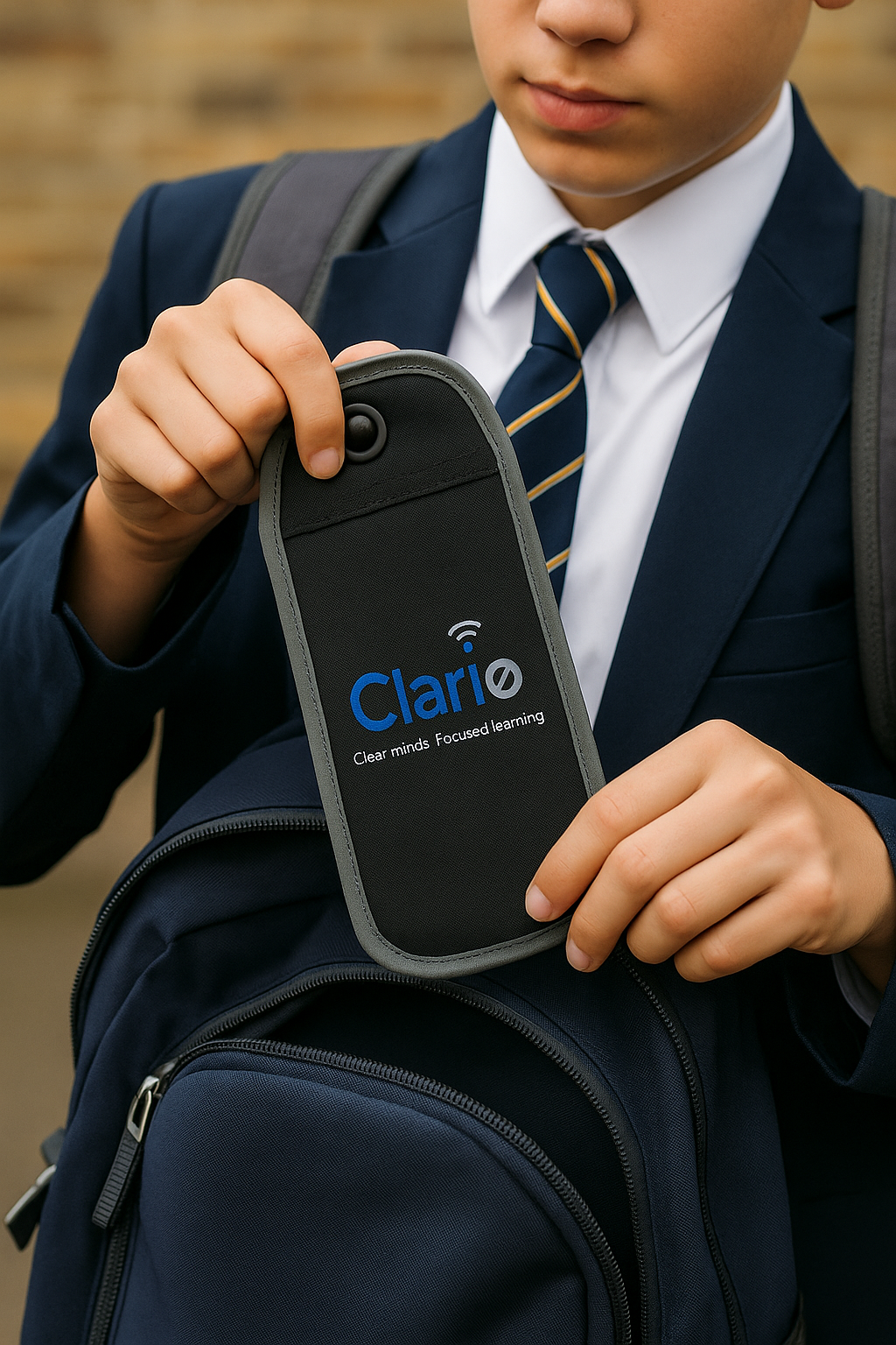 Student putting pouch in backpack