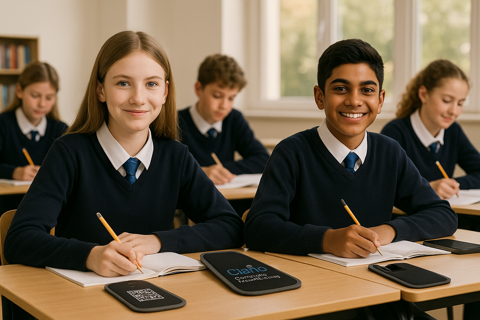 Student at desk with Clario pouch