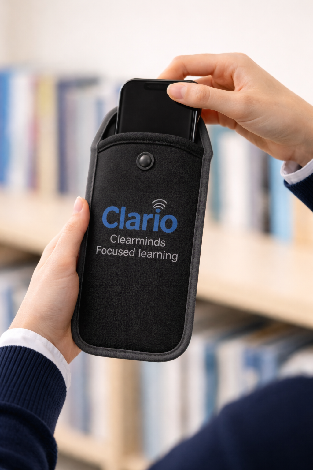 Group of students outside school with Clario pouches